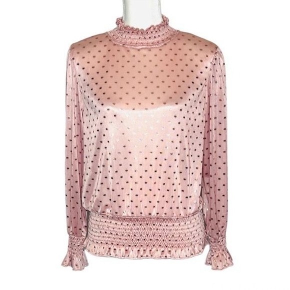 blashe Tops - Blashe Women's Pink High Neck Long Sleeve Ruched Waist Gold Polka Dot Blouse